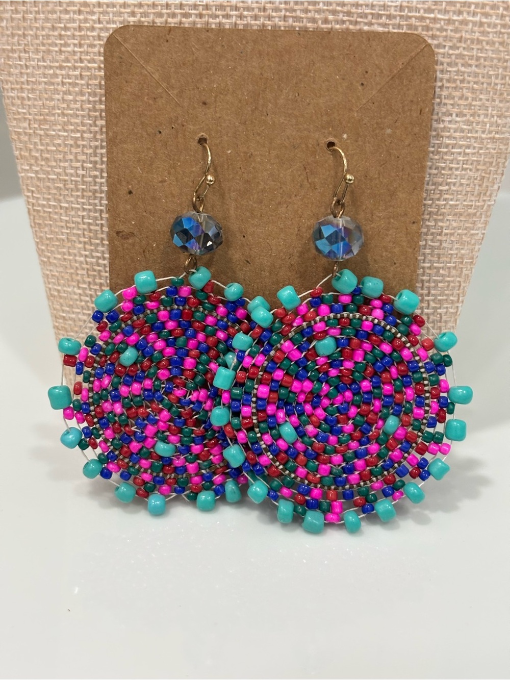 Handmade Turquoise & Pink Beaded Spiral Drop Earrings
